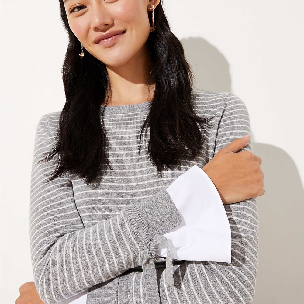 Striped Tie Cuff Mixed Media Sweater